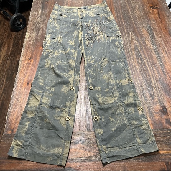 Vintage baggy cargo pants Y2K camo print rhinestones green gray 0 mid rise - Picture 1 of 15